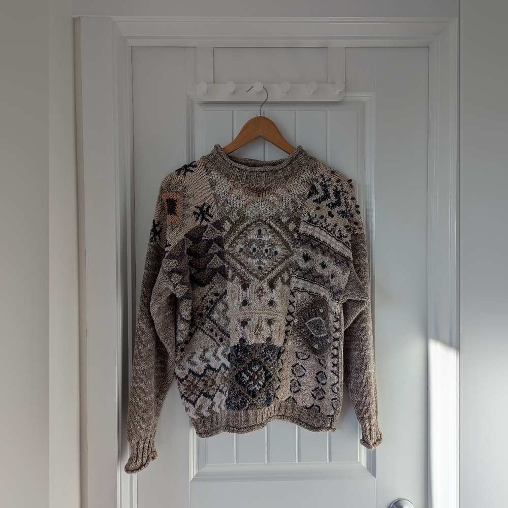 Vintage Cotton/Ramie Mock Neck Neutral Sweater Size M Taupe, Brown, Grey & Cream - Picture 3 of 10